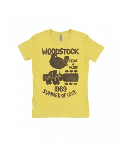 Woodstock Ladies' Boyfriend T-Shirt | Peace And Music 1969 Logo Image Distressed Shirt $9.73 Shirts