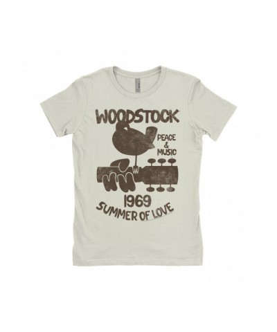 Woodstock Ladies' Boyfriend T-Shirt | Peace And Music 1969 Logo Image Distressed Shirt $9.73 Shirts