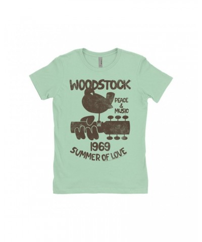 Woodstock Ladies' Boyfriend T-Shirt | Peace And Music 1969 Logo Image Distressed Shirt $9.73 Shirts