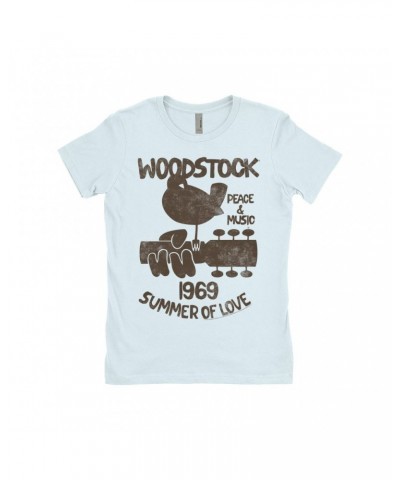 Woodstock Ladies' Boyfriend T-Shirt | Peace And Music 1969 Logo Image Distressed Shirt $9.73 Shirts