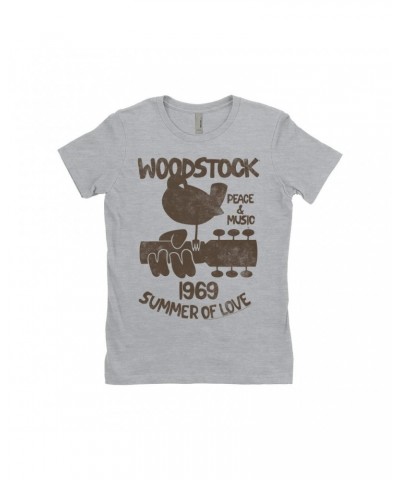 Woodstock Ladies' Boyfriend T-Shirt | Peace And Music 1969 Logo Image Distressed Shirt $9.73 Shirts