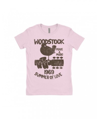 Woodstock Ladies' Boyfriend T-Shirt | Peace And Music 1969 Logo Image Distressed Shirt $9.73 Shirts