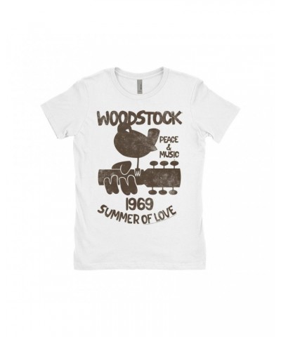 Woodstock Ladies' Boyfriend T-Shirt | Peace And Music 1969 Logo Image Distressed Shirt $9.73 Shirts