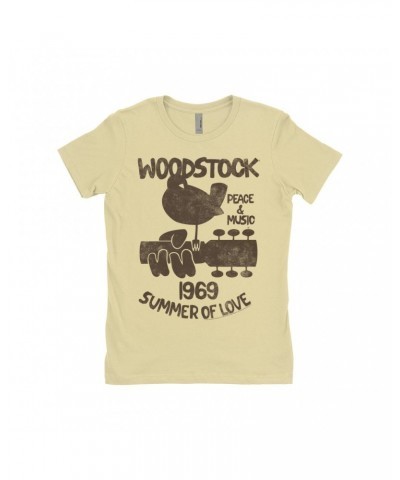 Woodstock Ladies' Boyfriend T-Shirt | Peace And Music 1969 Logo Image Distressed Shirt $9.73 Shirts