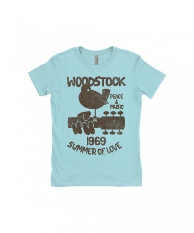 Woodstock Ladies' Boyfriend T-Shirt | Peace And Music 1969 Logo Image Distressed Shirt $9.73 Shirts