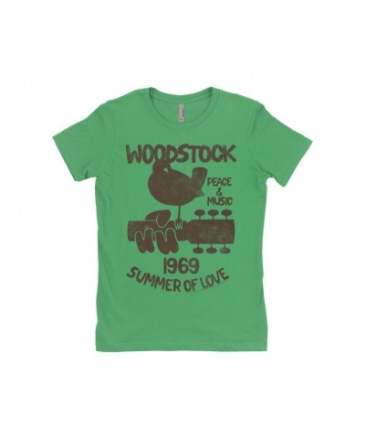 Woodstock Ladies' Boyfriend T-Shirt | Peace And Music 1969 Logo Image Distressed Shirt $9.73 Shirts