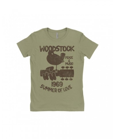 Woodstock Ladies' Boyfriend T-Shirt | Peace And Music 1969 Logo Image Distressed Shirt $9.73 Shirts