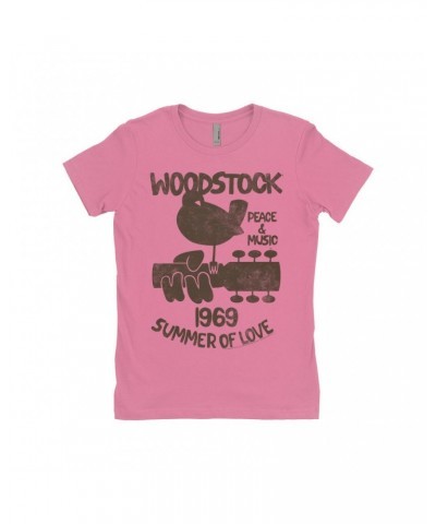 Woodstock Ladies' Boyfriend T-Shirt | Peace And Music 1969 Logo Image Distressed Shirt $9.73 Shirts