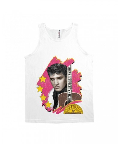 Elvis Presley Sun Records Unisex Tank Top | Guitar With Pink Brush Strokes Distressed Sun Records Shirt $7.73 Shirts